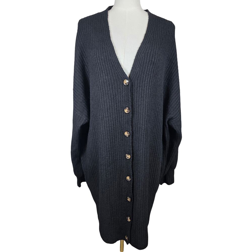 French Connection Black Button-Up Ribbed Long Oversized Cardigan